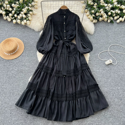 【ワンピース】フレンチヴィンテージ レース切替 スタンドカラー ウエストマーク フレア 長袖ワンピース【JZシリーズ】