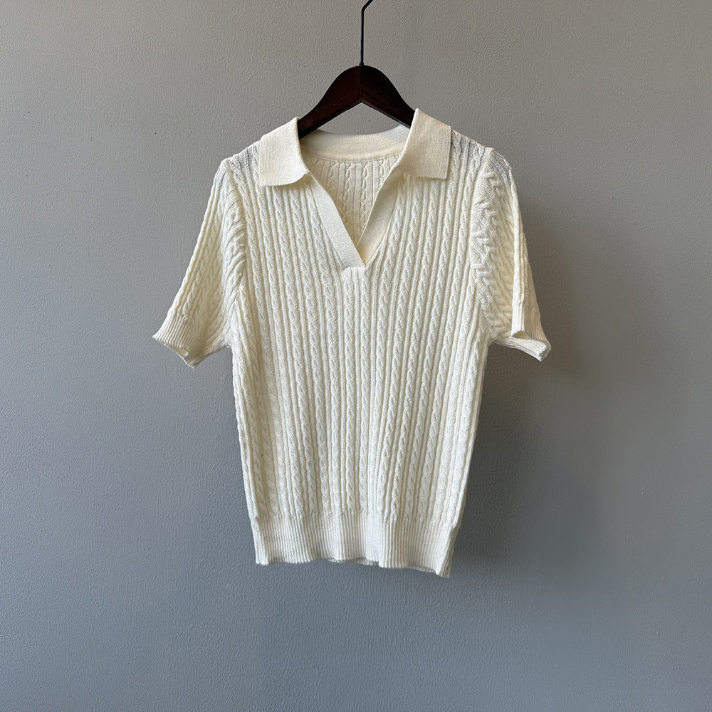 【トップス】ヴィンテージケーブル編みポロニット 半袖Tシャツ レディース 秋 Vネック スリムショート丈トップス【JZシリーズ】