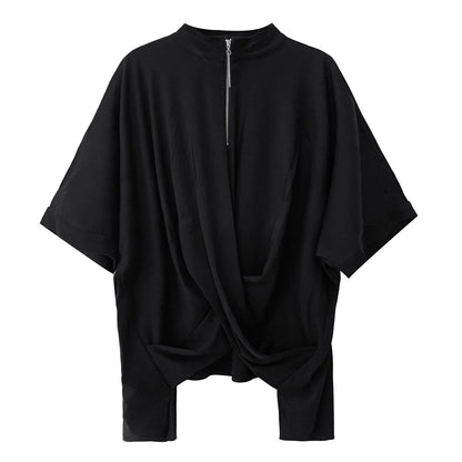 【トップス】モード系 ジップデザインTシャツ レディース 夏 半袖 アシンメトリー 裾デザイン ゆったり【AHシリーズ】