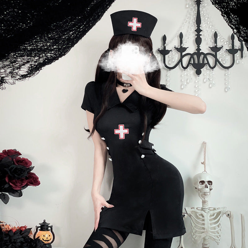 2カラー【ハロウィン コスプレ 衣装 レディース セクシー ナース服 黒 制服風 ドレス 医者風 夜店 パーティー 仮装