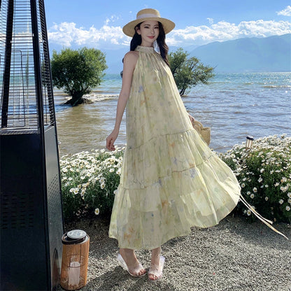 【ワンピース】ビーチリゾート 花柄ワンピース レディース 夏 ホルターネック ノースリーブ フリルデザイン ロング丈 大人可愛い【SHシリーズ】