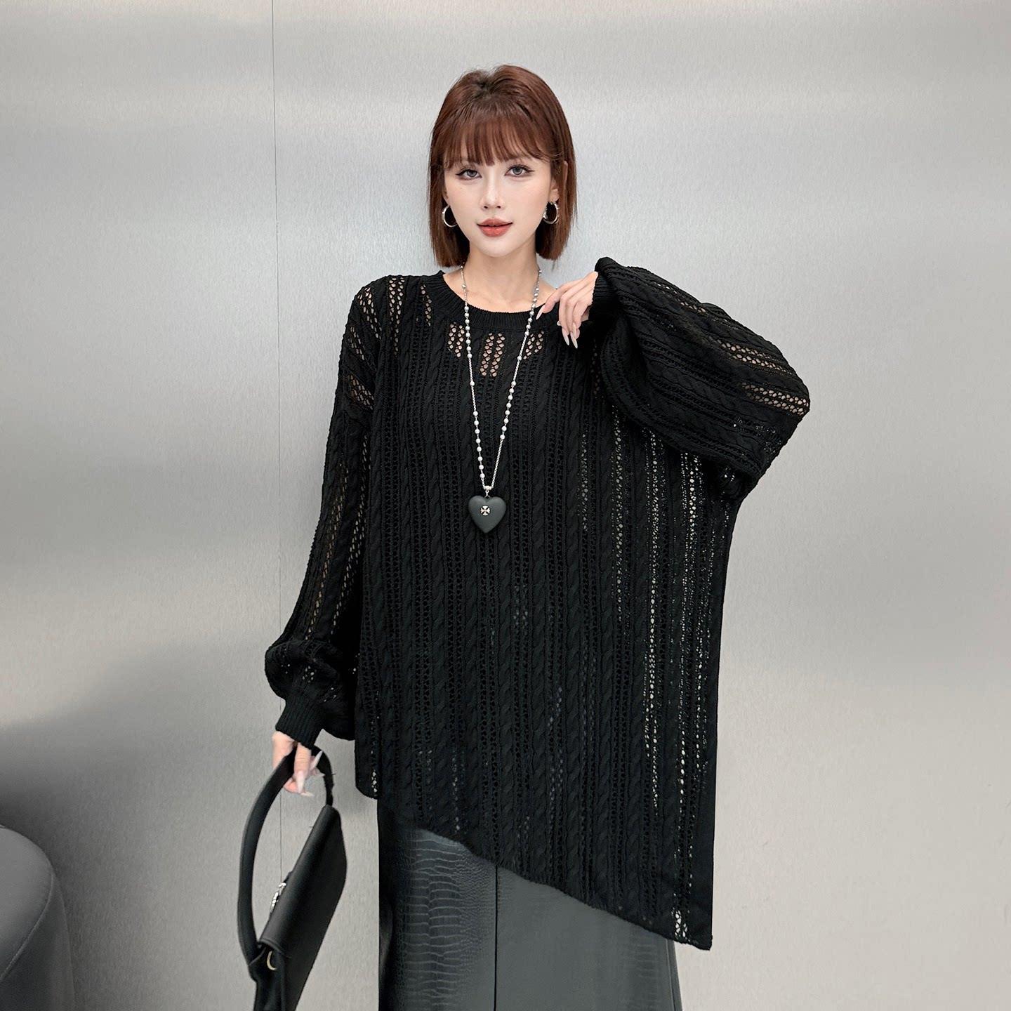 【トップス】リラックス透かし編みロングニット レディース ゆったり クルーネック 秋コーデ【AHシリーズ】