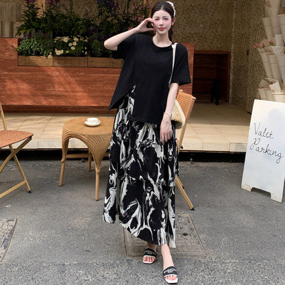 【ワンピース】🌞夏新作 大きいサイズ レディース 半袖 重ね着風ワンピース 墨柄 ゆったり ロング丈 体型カバー【SHシリーズ】