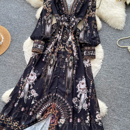 【ワンピース】クラシカル花柄ロングワンピース レディース 秋新作 Vネック 長袖 ウエストマーク フレンチ風【SHシリーズ】