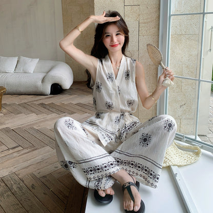 2点セット！【セットアップ】エスニック柄ベスト＋ワイドパンツ 上下セットアップ 韓国風 夏 レディースコーデ【SHシリーズ】