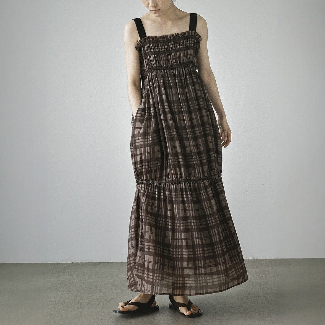 【ワンピース】きれいめ チェック柄ワンピース レディース 春夏 キャミソールワンピース ノースリーブ Aライン ロング丈【JZシリーズ】
