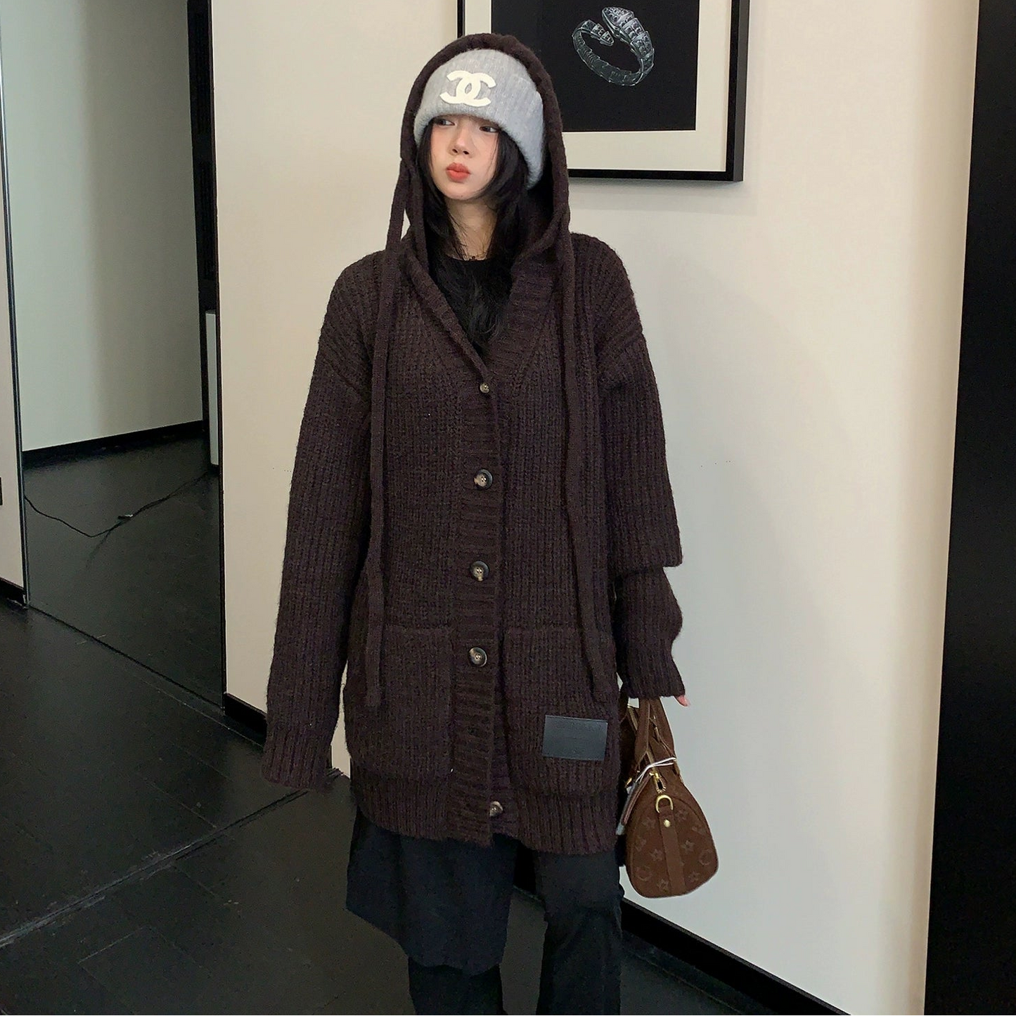 【アウター】レトロ ヘビーゲージ 厚手 フード付き ニットセーター カーディガン【FCシリーズ】