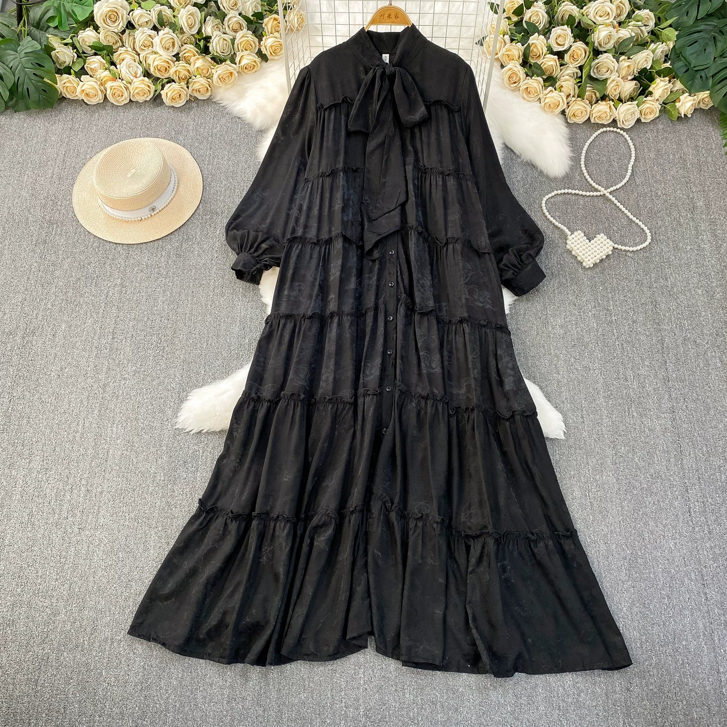 【ワンピース】プリントVネック お腹周りカバー フリル 長袖 ワンピース 【SHシリーズ】