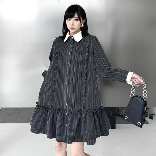 【ワンピース】ミニマル配色 グレーストライプ シャツワンピース 春 長袖 2WAYデザイン【AHシリーズ】