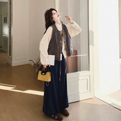 3点セット！【セットアップ】メラードジャカード×配色 ベスト＋中国風シャツ＋ワイドデニムパンツ 上下セット レディース 早春・秋 サン系コーデ【SHシリーズ】