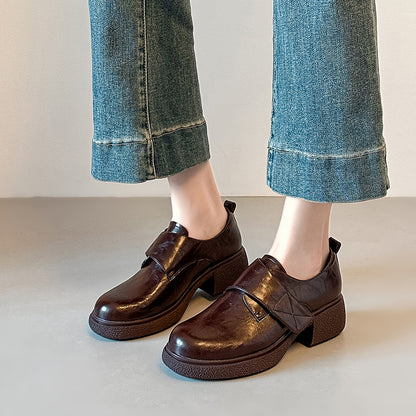 【シューズ】厚底 ラウンドトゥ ヴィンテージ ローファー シューズ レディース 新作 マジックテープ 通勤用 太ヒール お靴  パンプス