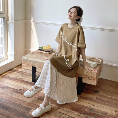 【ワンピース】☀️夏 新作 大きいサイズ レディース プリーツスカート 刺繍入り 重ね着風 半袖ワンピース ゆったり 体型カバー【JZシリーズ】