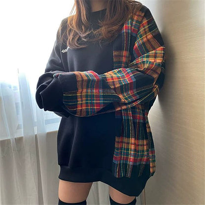 【トップス】秋冬 ラウンドネック チェック柄 パフスリーブ プルオーバー パーカー