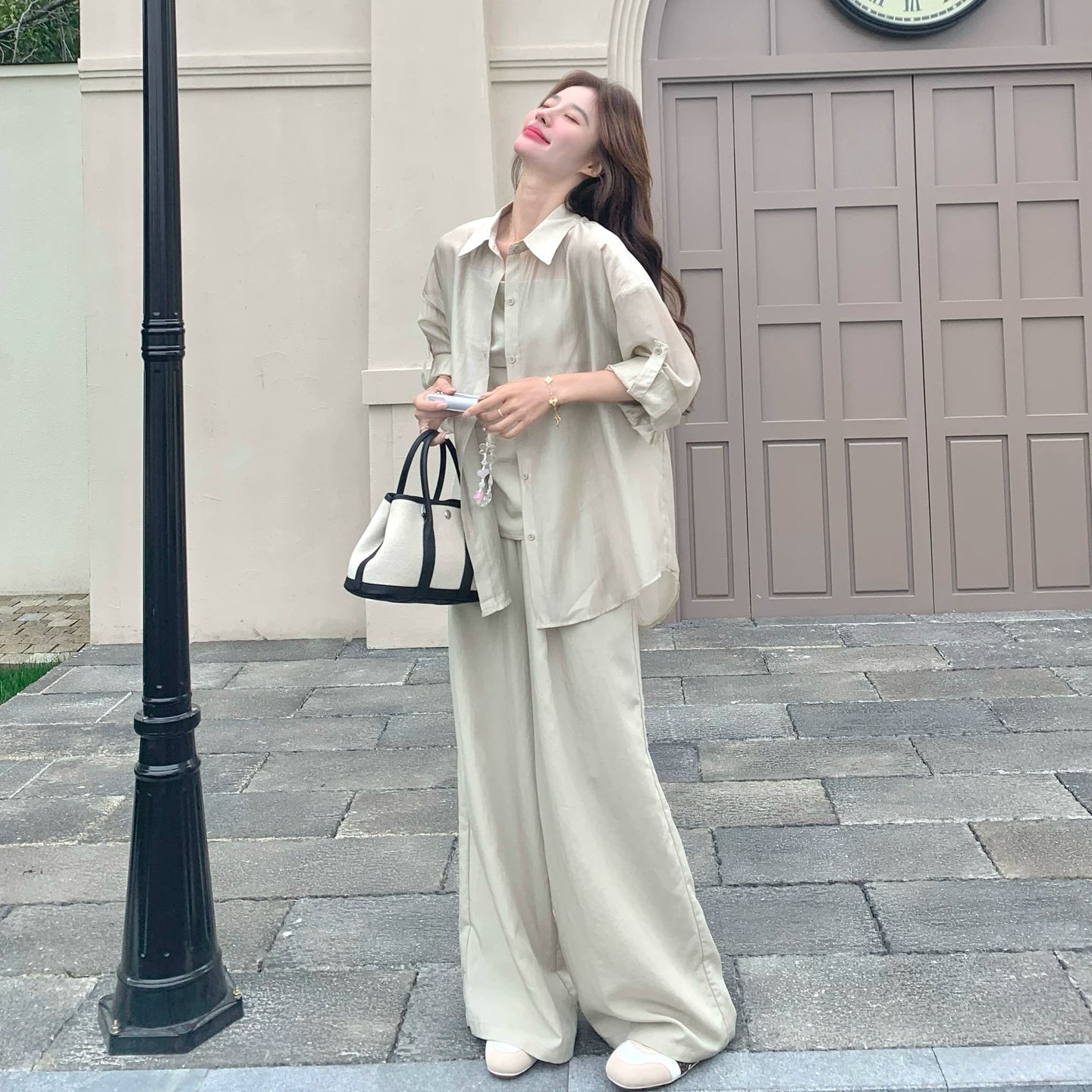 3点セット！【セットアップ】キャミソール+シャツ+ワイドパンツ 上下セット レディース 夏 セット ゆったり 体型カバー 人気 リラックスコーデ【JZシリーズ】