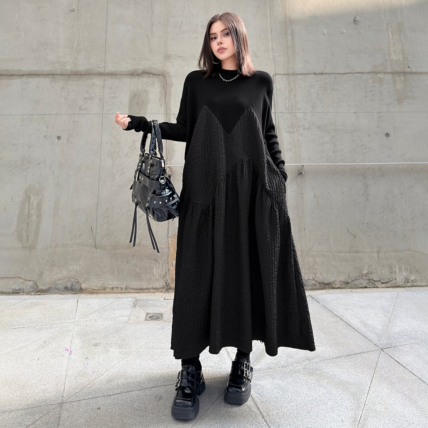 【ワンピース】切り替え 春 秋 冬 ダークテイスト長袖 ワンピース 【AHシリーズ】