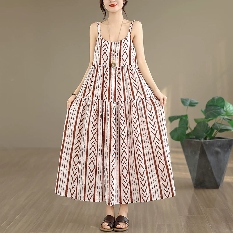 【ワンピース】プリント キャミワンピース レディース 軽やか ゆったり 大きいサイズ ノースリーブ ロングワンピース【SHシリーズ】