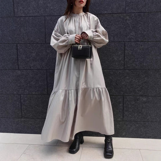 【ワンピース】日系 2025新作 大きいサイズ ゆったり シンプル 無地 長袖ワンピース