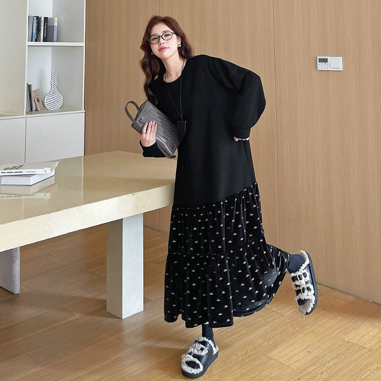 【ワンピース】秋冬 大きいサイズ ベロア切替Aラインスウェット長袖ワンピース ゆったり 洋服感アップ【JZシリーズ】