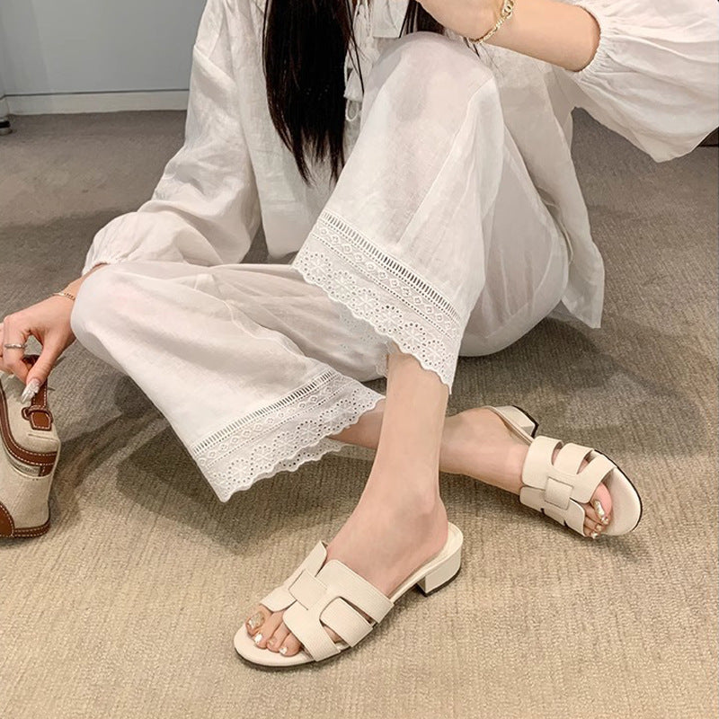 【シューズ】スクエアトゥ 太ヒール サンダル レディース 通勤OL 夏用 外履き