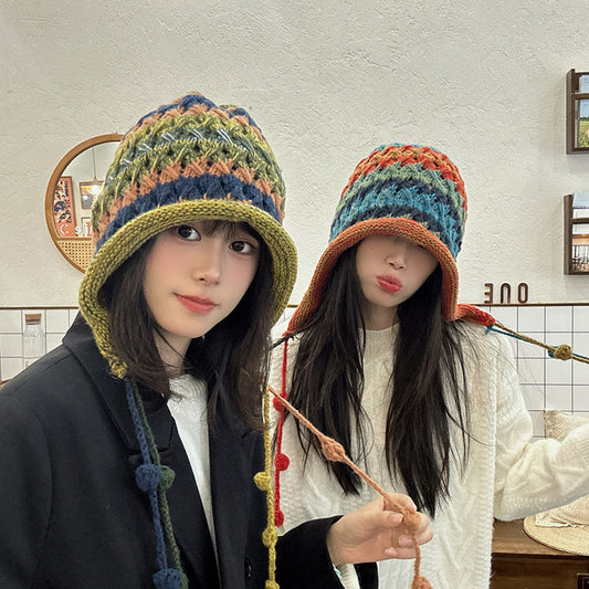 【グッズ】雰囲気 レインボー ニット帽 秋冬 手編み くすみ配色 ハット