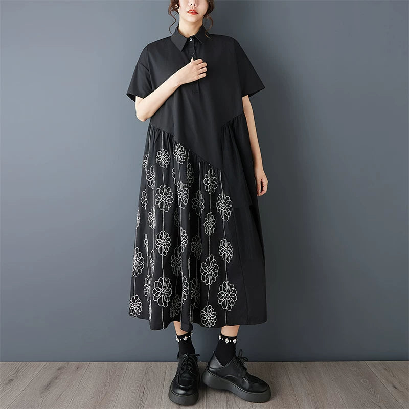 【ワンピース】春夏新作 レトロ ブラック 刺繍チュール切替 半袖ワンピース ルーズシルエット 着痩せ ロングワンピース
【SHシリーズ】