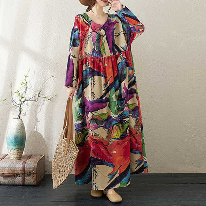 60%OFF⭐️期間限定【ワンピース】厚手 花柄 プリント 丸首 ゆったり 大きいサイズ 体型カバー 文芸風 リゾート 長袖 ロングワンピース【SHシリーズ】