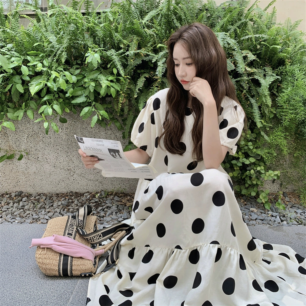【ワンピース】大きめドット パフスリーブ ワンピース 夏 トレンド感 上品 半袖 マーメイド ロングドレス【SHシリーズ】