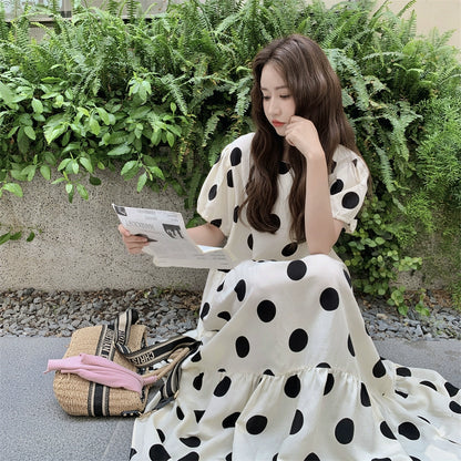【ワンピース】大きめドット パフスリーブ ワンピース 夏 トレンド感 上品 半袖 マーメイド ロングドレス【SHシリーズ】