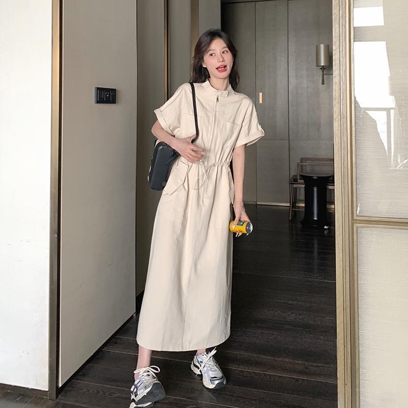 【ワンピース】韓国風ワンピース 夏 気質 ハイウエスト 半袖 ワーク風 ロングワンピース【JZシリーズ】