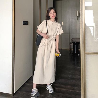 【ワンピース】韓国風ワンピース 夏 気質 ハイウエスト 半袖 ワーク風 ロングワンピース【JZシリーズ】