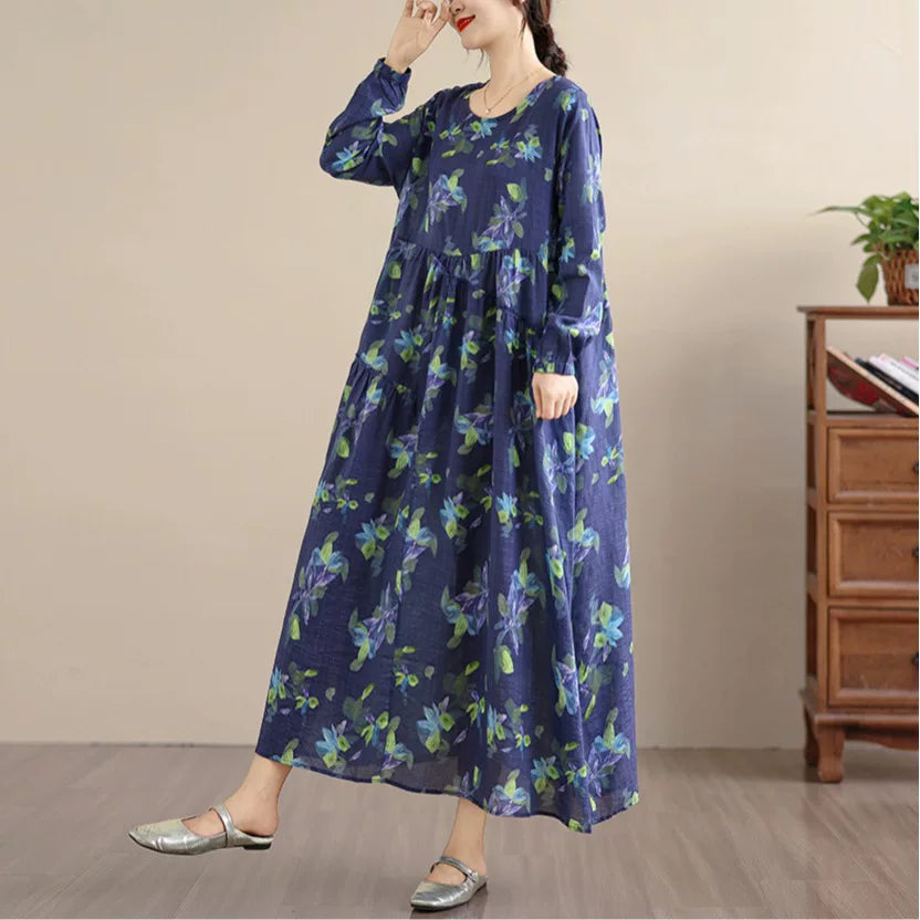 【ワンピース】アンティーク風 花柄 長袖 ロング ゆったり レーストリム ワンピース【SHシリーズ】