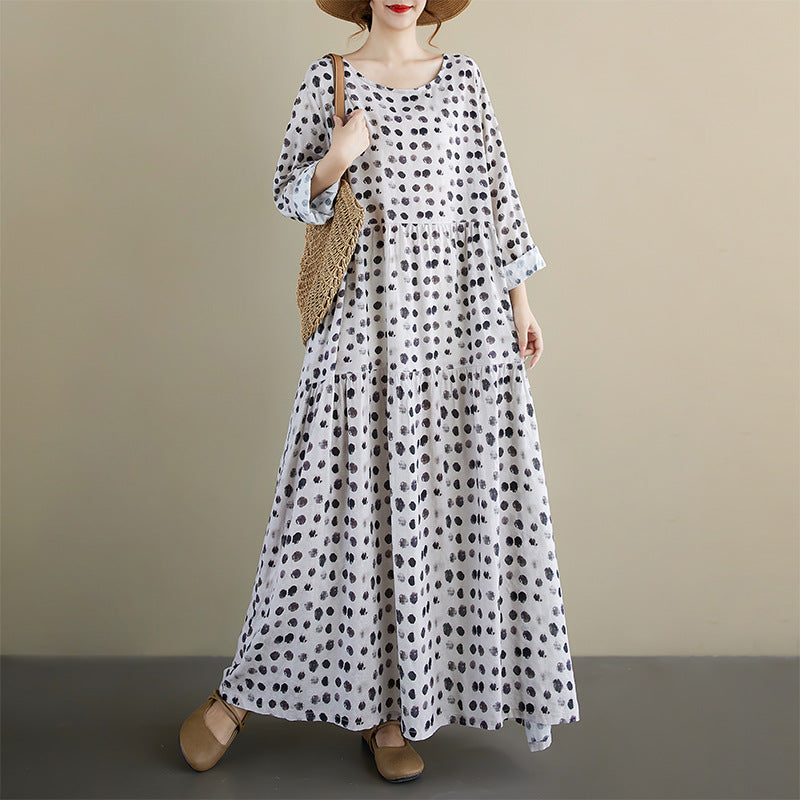 【ワンピース】レトロドット柄プリーツワンピース レディース 秋新作 長袖 クルーネック ゆったり 大人可愛い【SHシリーズ】
