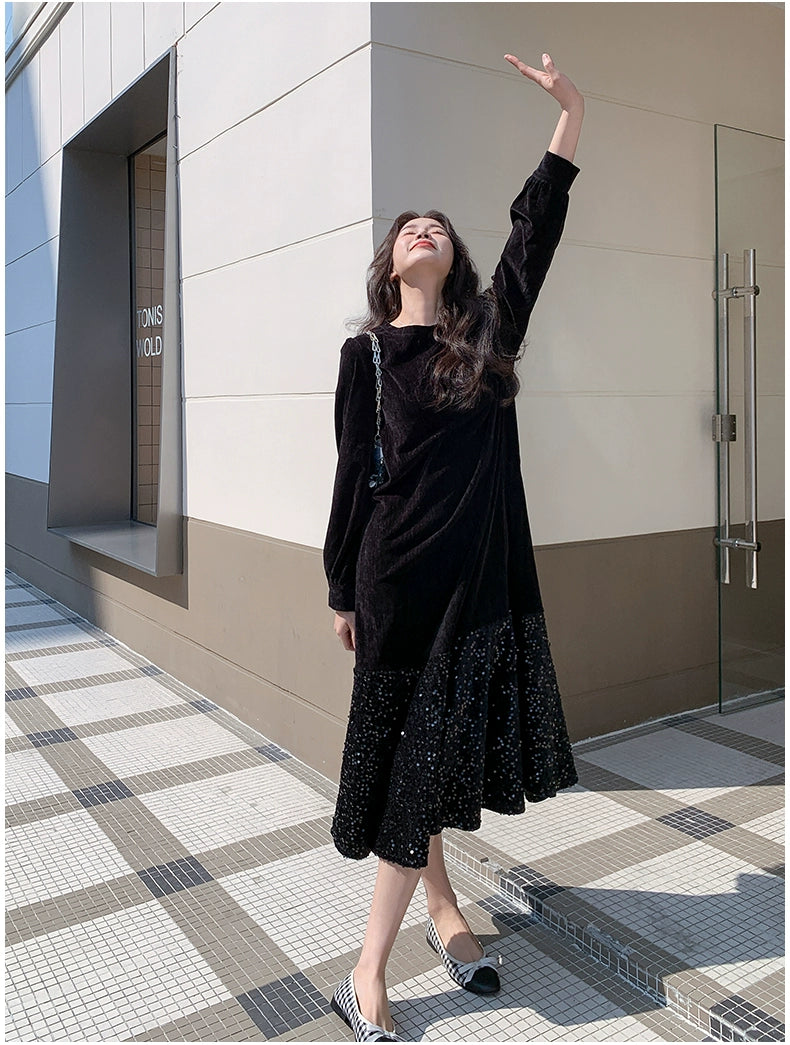 【ワンピース】オードリー風 ベロア 春 秋 冬 スパンコール 長袖 ワンピース【JZシリーズ】