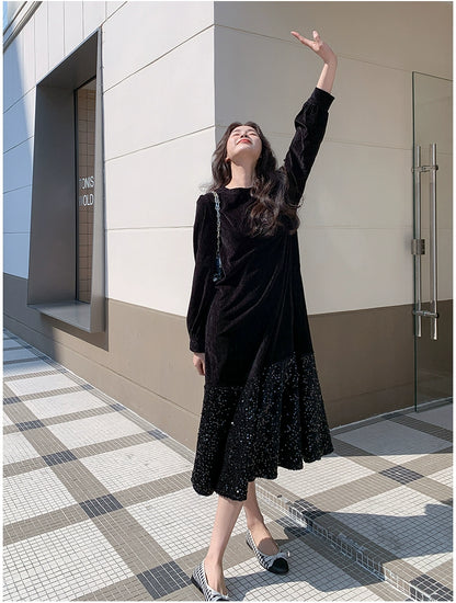 【ワンピース】オードリー風 ベロア 春 秋 冬 スパンコール 長袖 ワンピース【JZシリーズ】