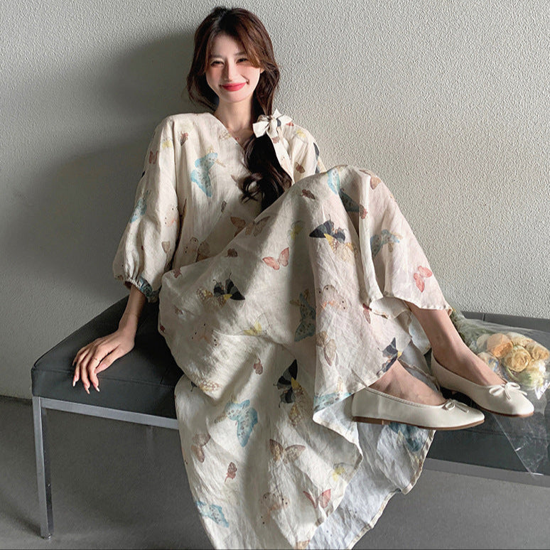 【ワンピース】春秋 チャイナ風 レトロ プリント 着痩せ Vネック 長袖ワンピース【SHシリーズ】