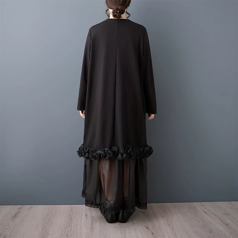 【ワンピース】ダークモード系 レディース チュール切替ワンピース レイヤード風 ゆったりシルエット【JZシリーズ】