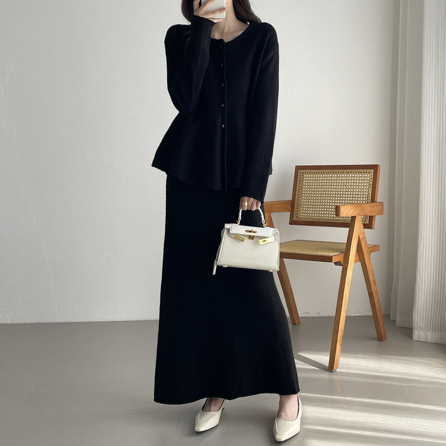 【セットアップ】春 秋 冬 ニットカーディガン + フロア丈 ロングスカート 2点上下セット 【SNシリーズ】