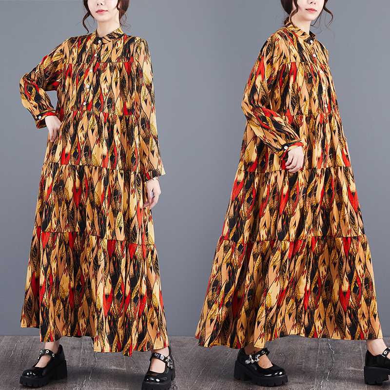 【ワンピース】春 秋 冬 大きいサイズ おしゃれ プリント 切り替え ティアードスカート【SHシリーズ】