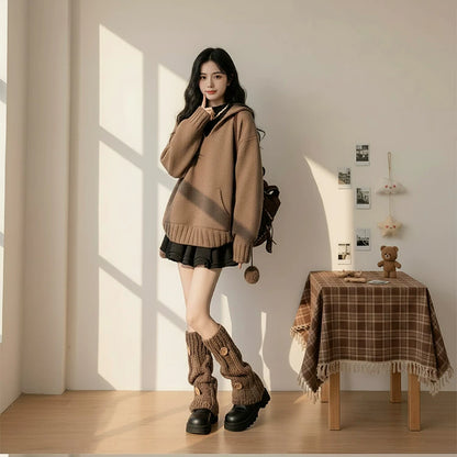 【セットアップ】コーヒー フード付き セーター + ブラックワンピース 2点上下セット【JZシリーズ】