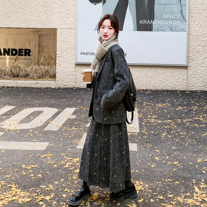 【セットアップ】刺繍入り ウール風 ブレンド ダウンジャケット＆スカート 上下セット 秋冬 ダウンコート【SHシリーズ】【10～15日内発送】