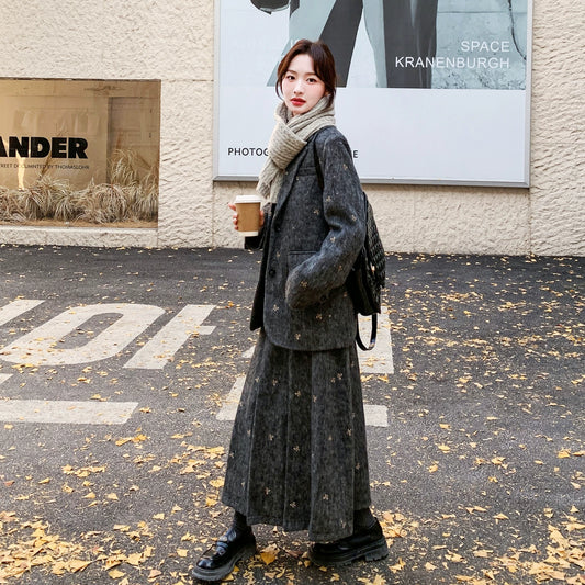 【セットアップ】刺繍入り ウール風 ブレンド ダウンジャケット＆スカート 上下セット 秋冬 ダウンコート【SHシリーズ】【10～15日内発送】