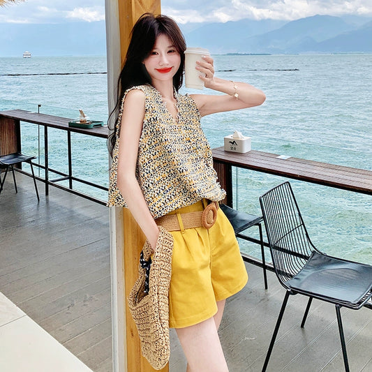 2点セット【セットアップ】ドーパミンコーデ シャネル風 ノースリーブトップス＋ショートパンツ 上下セット【SHシリーズ】