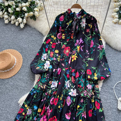 【60%OFF⭐️早い者勝ち】【ワンピース】クラシカル バルーンスリーブ フレンチ リボン付き 花柄 プリント 長袖 ワンピース【SHシリーズ】