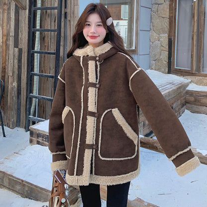 【アウター】キャメルスエード調フード付きフェイクムートンコート 冬 カラー切替 ボア裏地 保温 中綿ジャケット レディース【JZシリーズ】