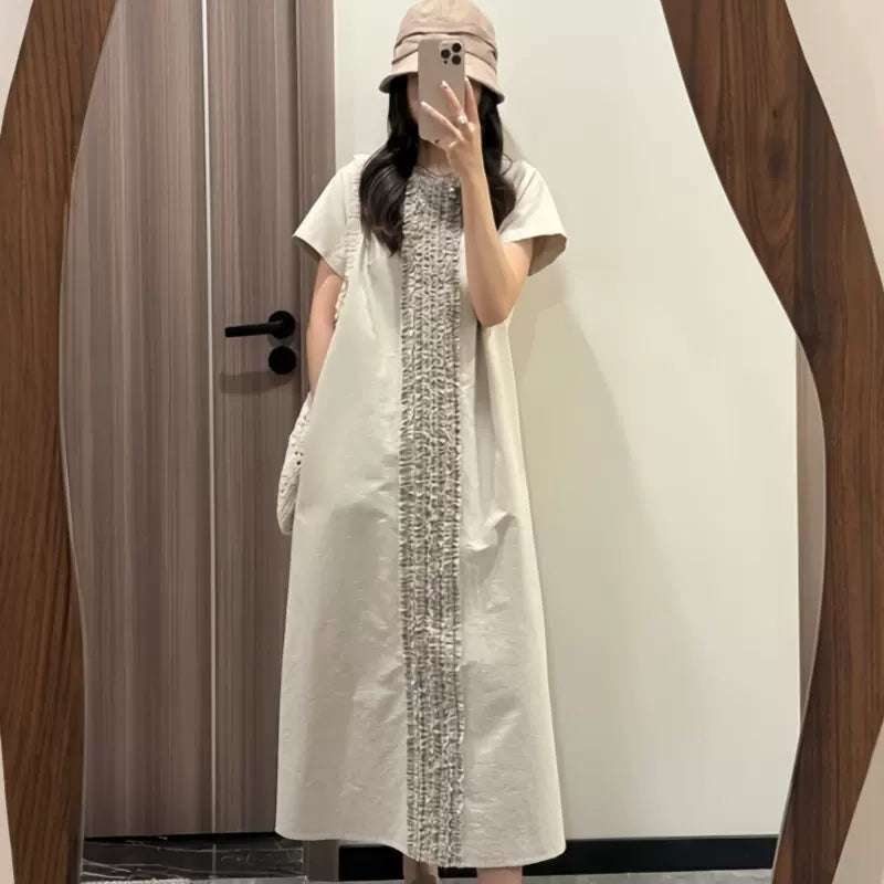 荷葉邊拼接長洋裝｜復古風寬鬆顯瘦大碼連身裙【JZ系列】