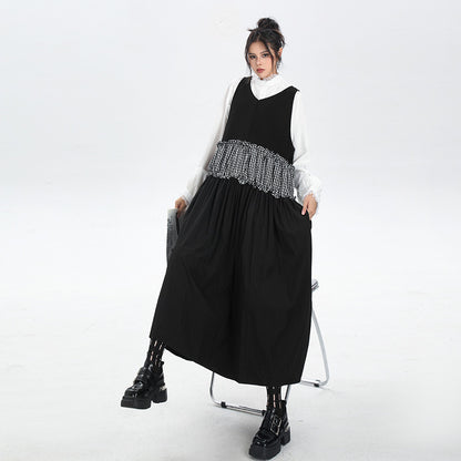 【ワンピース】春 秋 冬 Vネック チェック柄 配色 ロングノースリーブ ワンピース 【AHシリーズ】