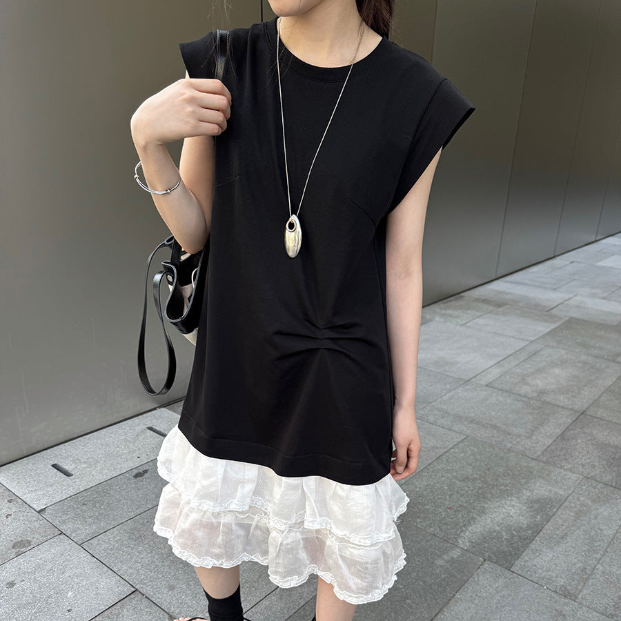 【ワンピース】夏新作 韓国風ウエストマーク切り替え デザイン感 レース ノースリーブワンピース【JZシリーズ】