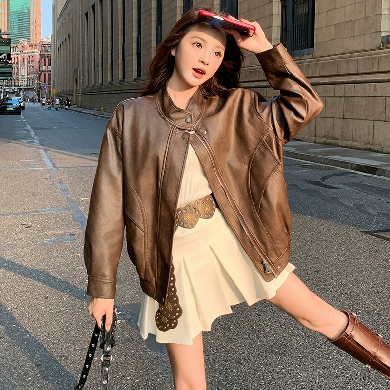 【アウター】上質感 トレンド 春秋  レトロ  PU ショートジャケット【JZシリーズ】