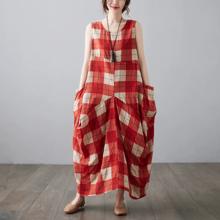 【ワンピース】レトロ風 ノースリーブ チェックワンピース レディース 夏 ロング丈 ゆったりシルエット ナチュラル【JZシリーズ】