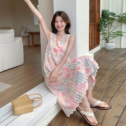 2点セット！【セットアップ】今年のトレンド 油絵プリントワンピース＋メッシュワンピース 高級感 レイヤード 2点セット【SHシリーズ】